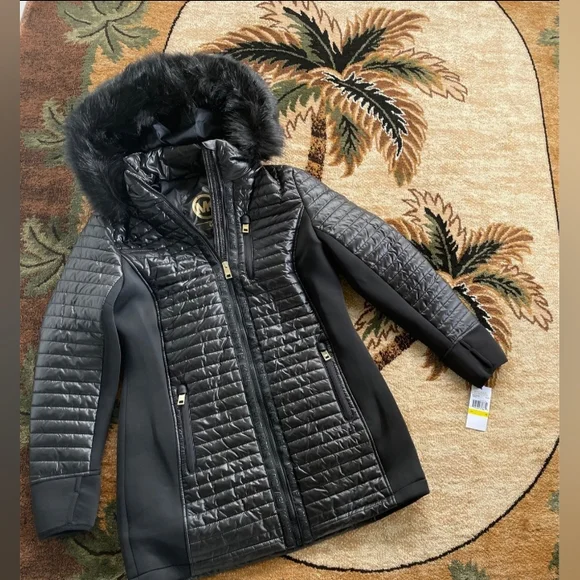 NWT Stunning Michael Kors Black MK Puffer Coat Plush Fur Designer Jacket S - 3X - Picture 1 of 14